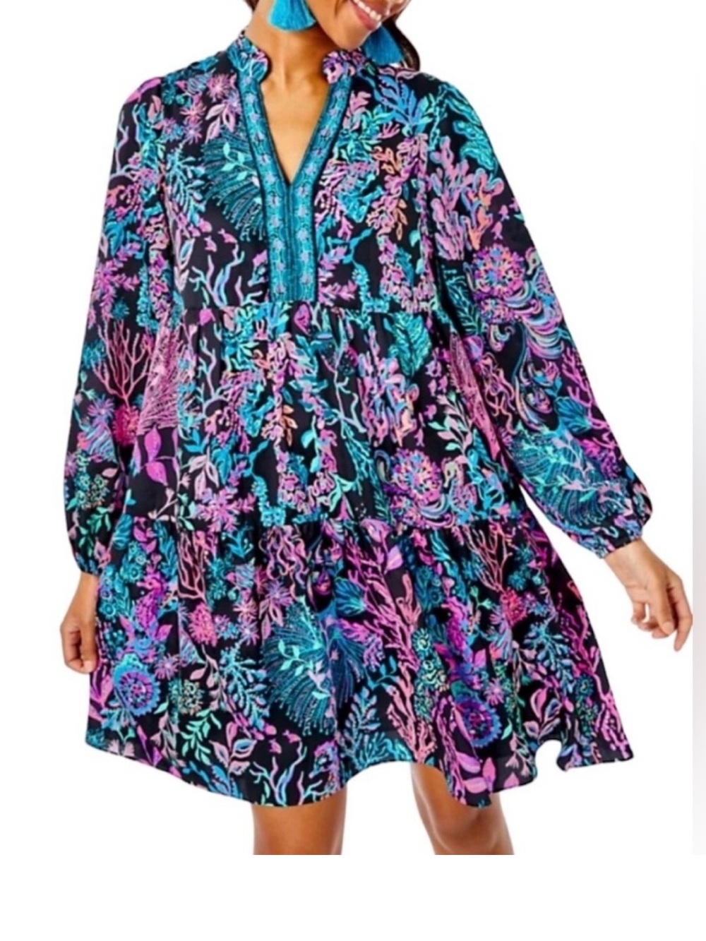 Lilly Pulitzer Arella Swing Dress Womens M Black Coral Reef Print V-Neck - Picture 2 of 12